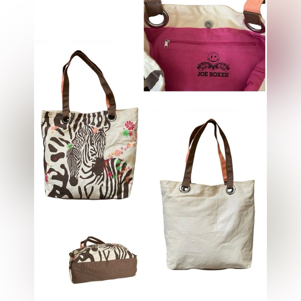 Joe Boxer Zebra Canvas Large Tote with Floral Accents and Pink Interior